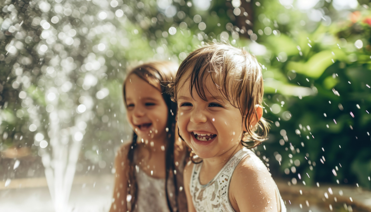 Joyful children laughing and playing with a garden sprinkler enjoying refreshing water splashes on a sunny day in the backyard, children and water concept
