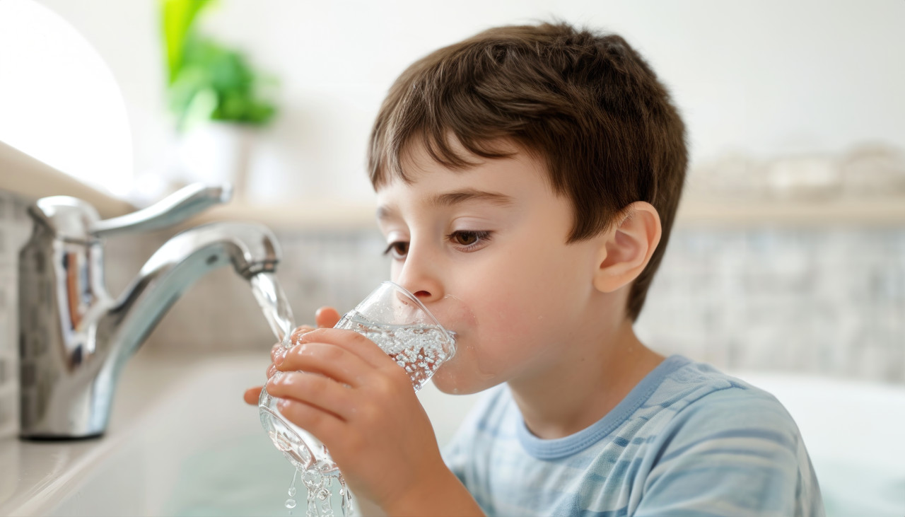 Small boy happily drinking water from tap promoting clean and accessible water for all, children and water image