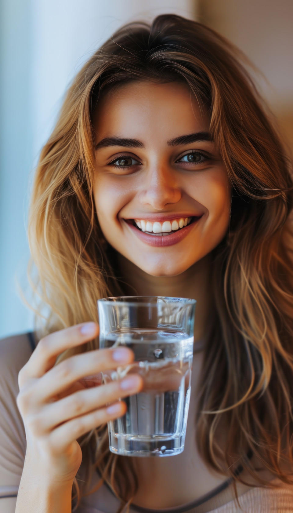 Happy girl smiling at the camera while confidently holding a glass of water, children and water picture