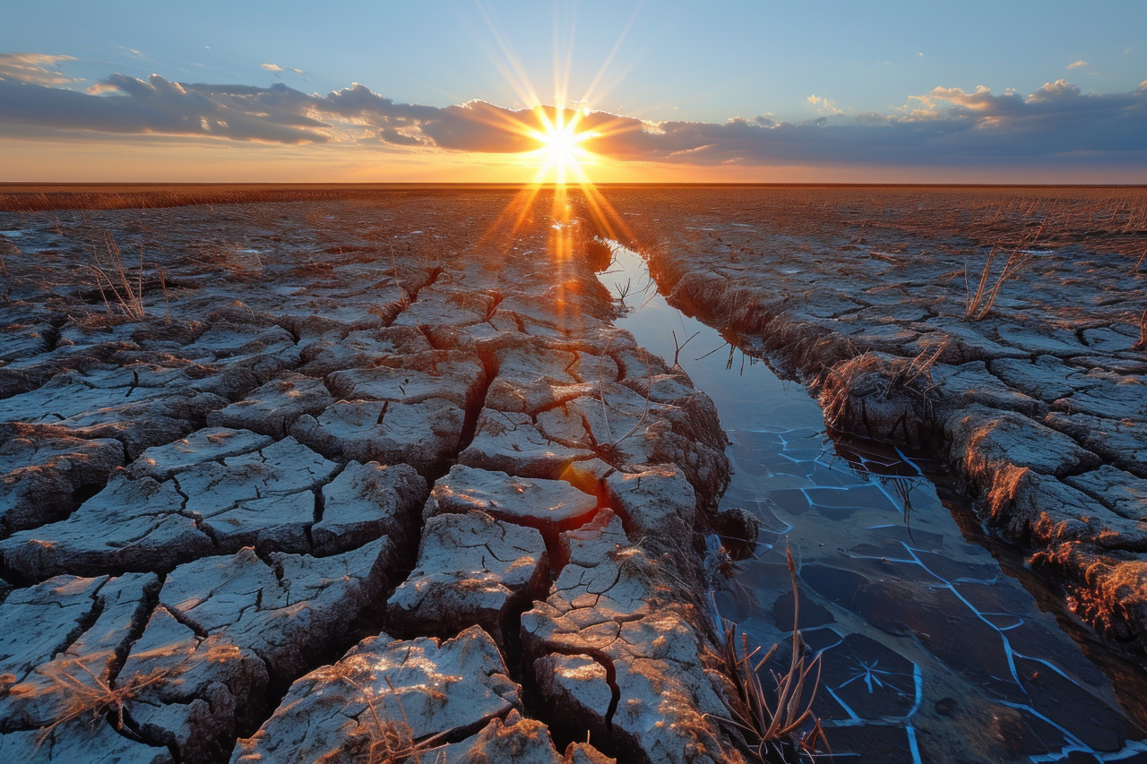 Dry fields meet water under a sunbeam on the horizon creating a serene landscape, global water issues concept