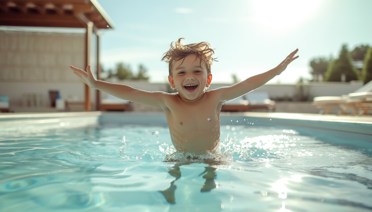 Happy 4 year old boy jumps into a private pool on a sunny vacation day filled with joy and excitement, children and water image