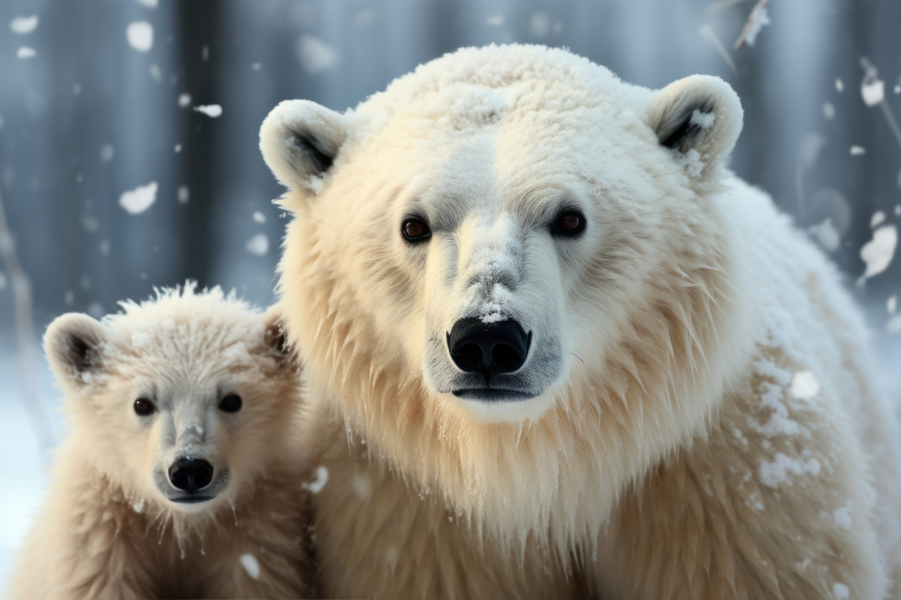 Polar bear mom and cubs playing in snowy surroundings showcasing adorable family moments in the arctic wilderness, baby animals in the wild concept