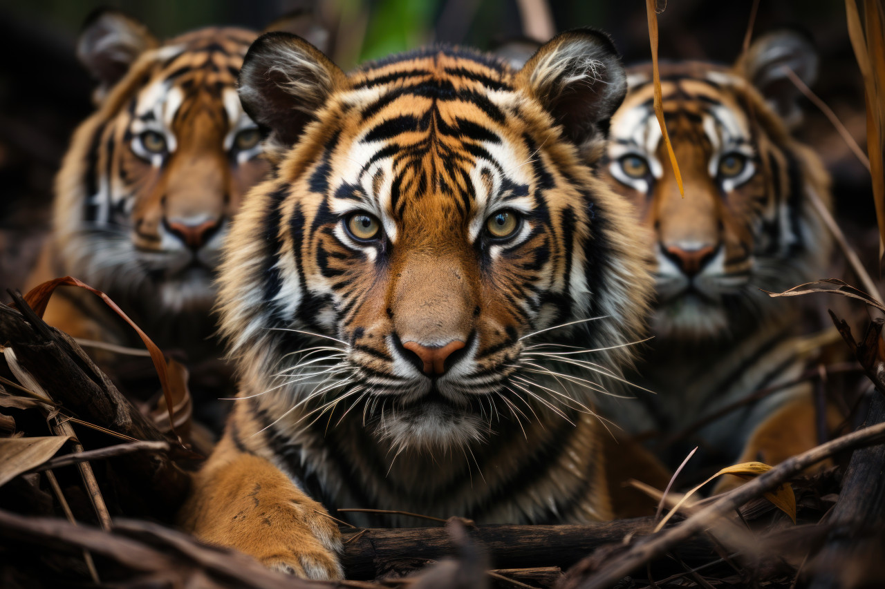 Three tigers peacefully lounging on forest grass, majestic big cats image