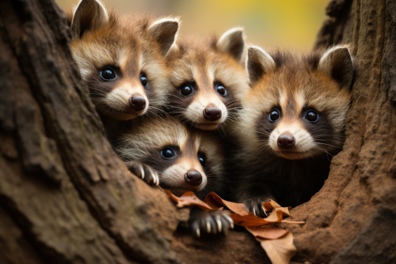 Raccoon kids peeking out of a tree hole curious and playful in the forest, baby animals in the wild photo