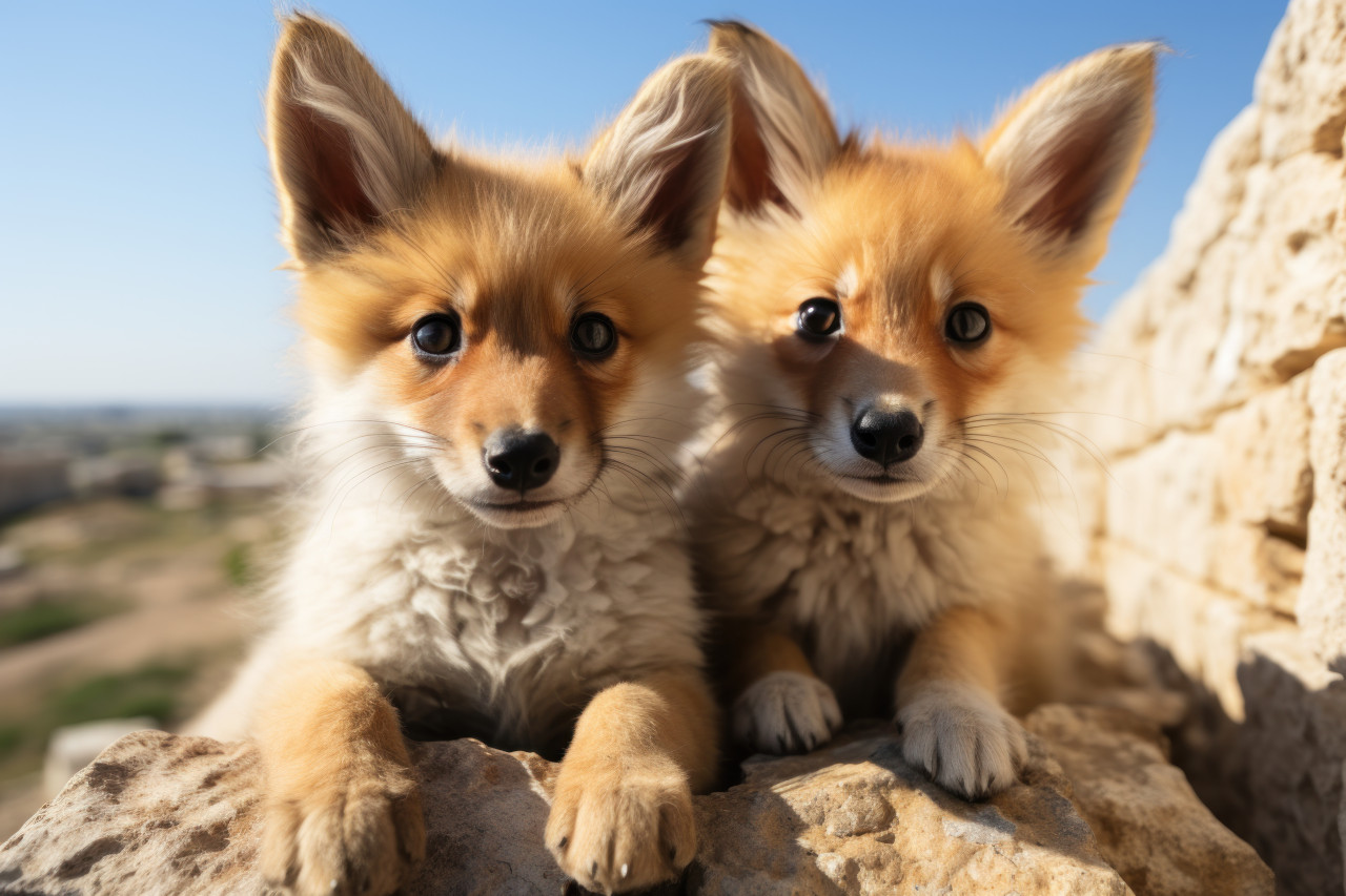 Two adorable red fox cubs sitting on a ledge curiously observing their surroundings in the wild, baby animals in the wild picture