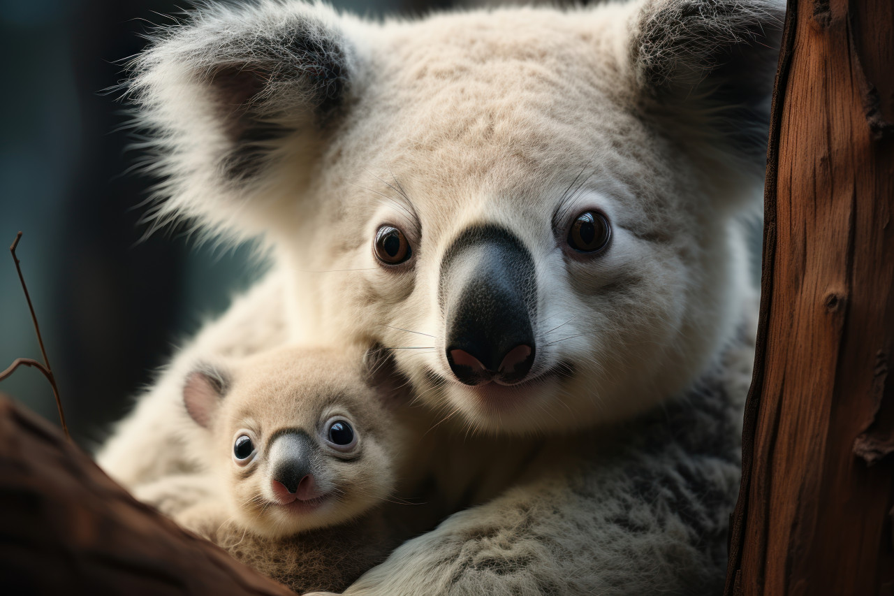 Baby koala sits on its mothers shoulder cuddling with adorable innocence, baby animals in the wild photo