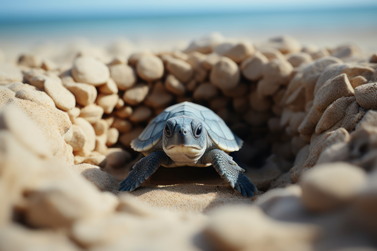 Baby green turtle hatches on beach by the ocean beginning its journey into the sea, baby animals in the wild image