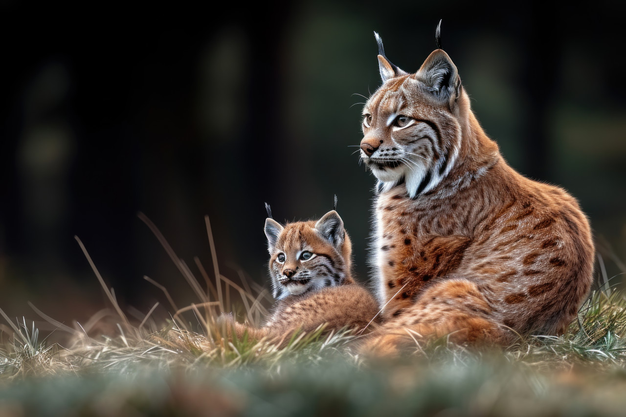 Mom lynx and cub sitting in grass with plenty of white space around, baby animals in the wild concept
