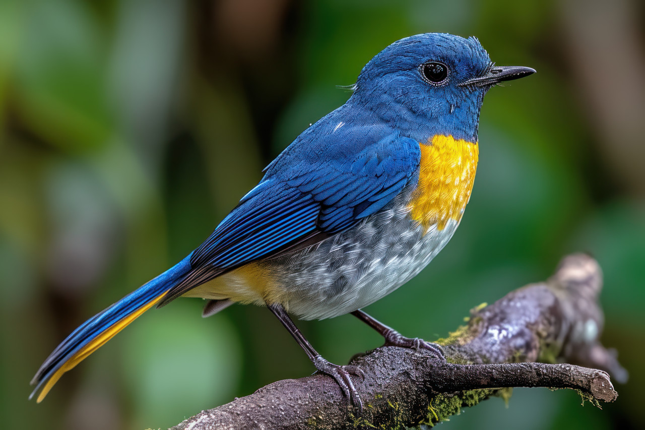 Bright blue and yellow bird perched on a tree branch with ample white space around it, colorful tropical birds concept
