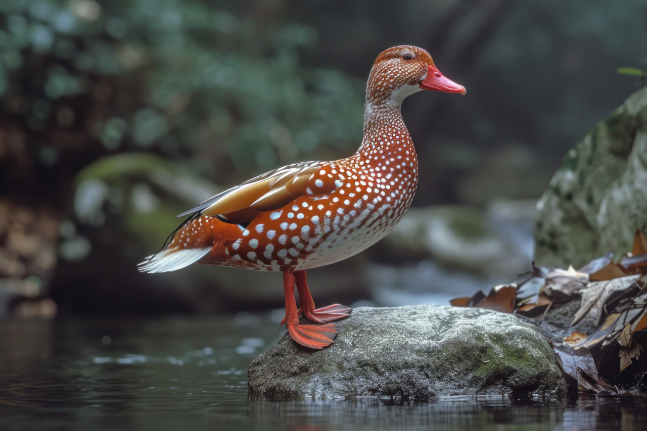 Red and white duck standing on stone near pond surrounded by ample white space, colorful tropical birds photo