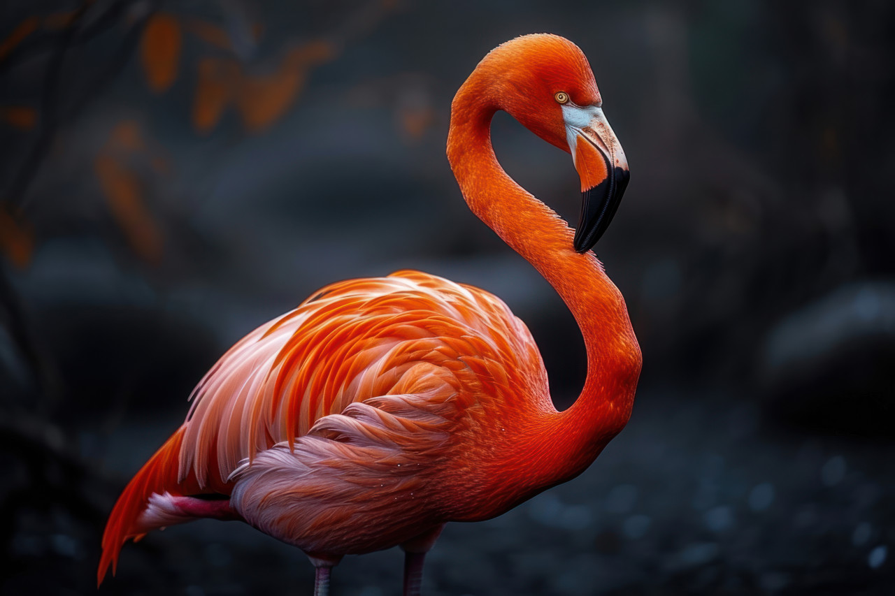 Pink flamingo stands gracefully against a black backdrop, colorful tropical birds photo