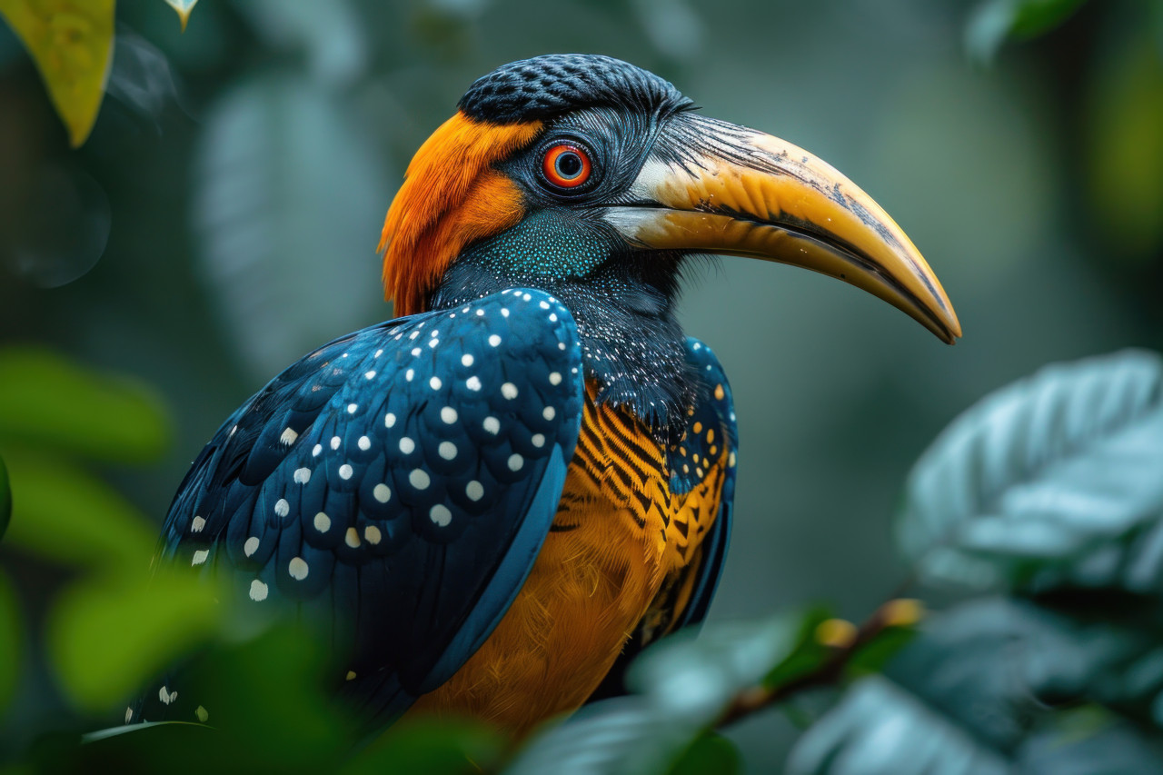Majestic hornbill standing tall on a branch amidst the trees in the wild, colorful tropical birds picture