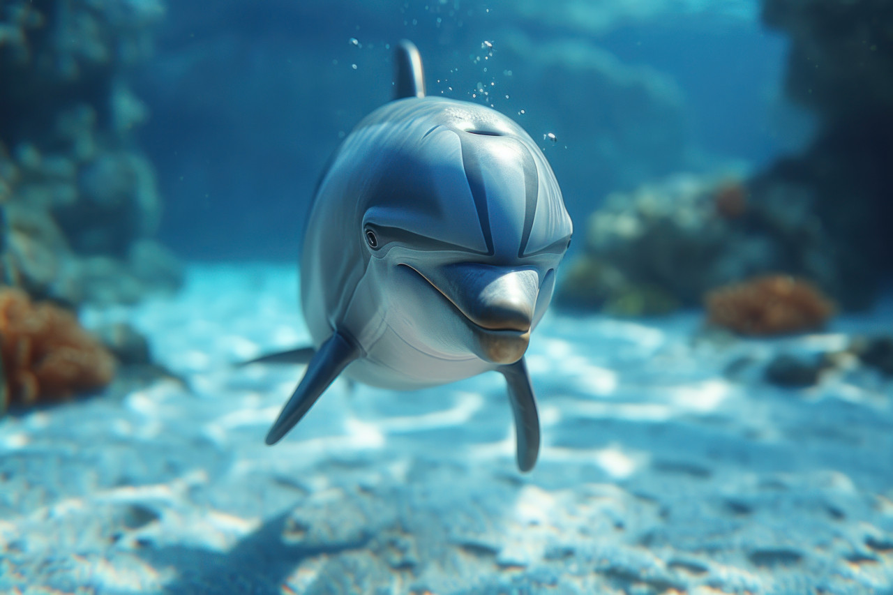 Dolphins swim in the ocean at an aquarium displaying their playful and graceful movements, underwater marine life picture