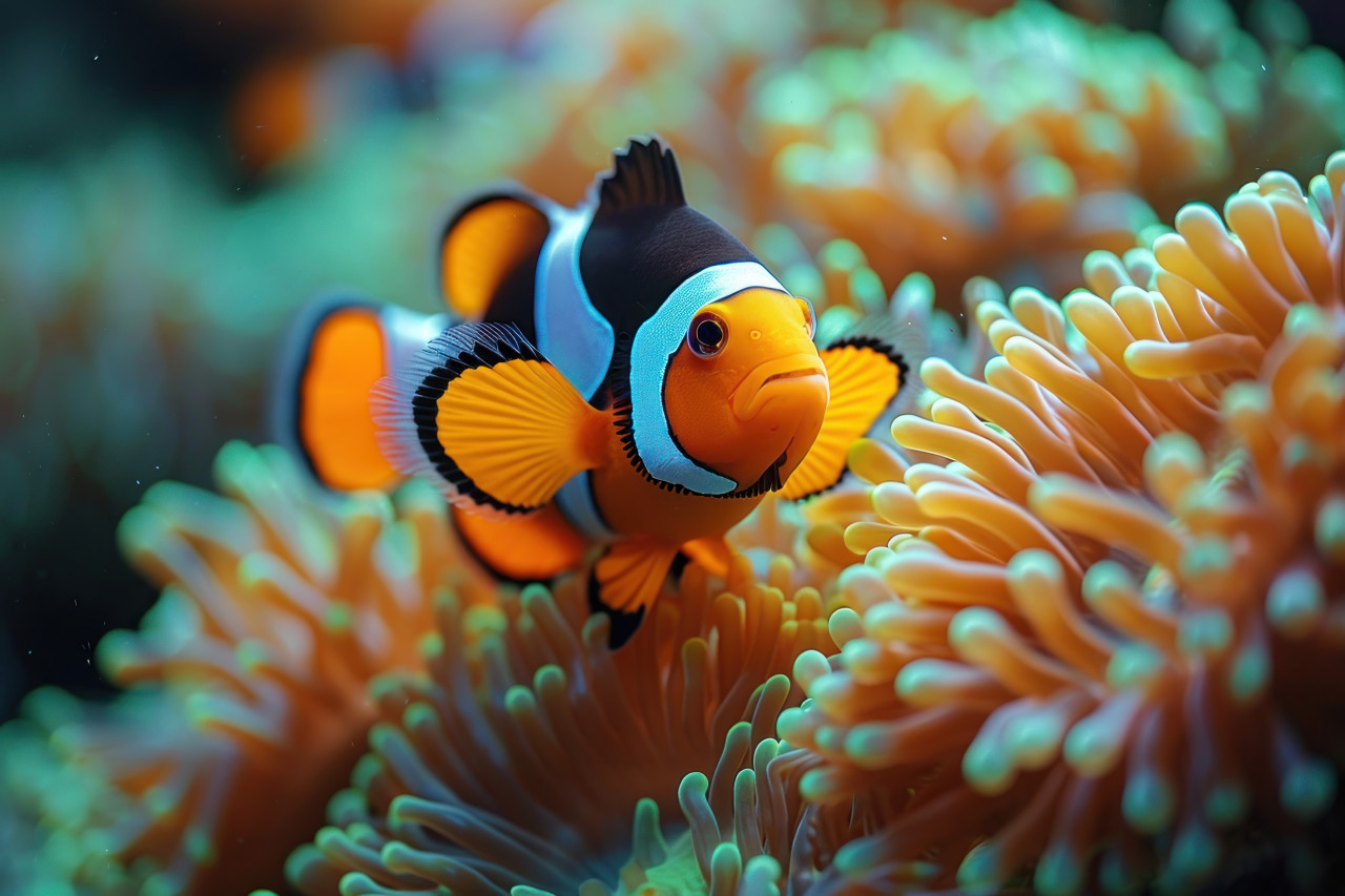 Clown fish swimming among anemones in vibrant underwater scene, underwater marine life concept