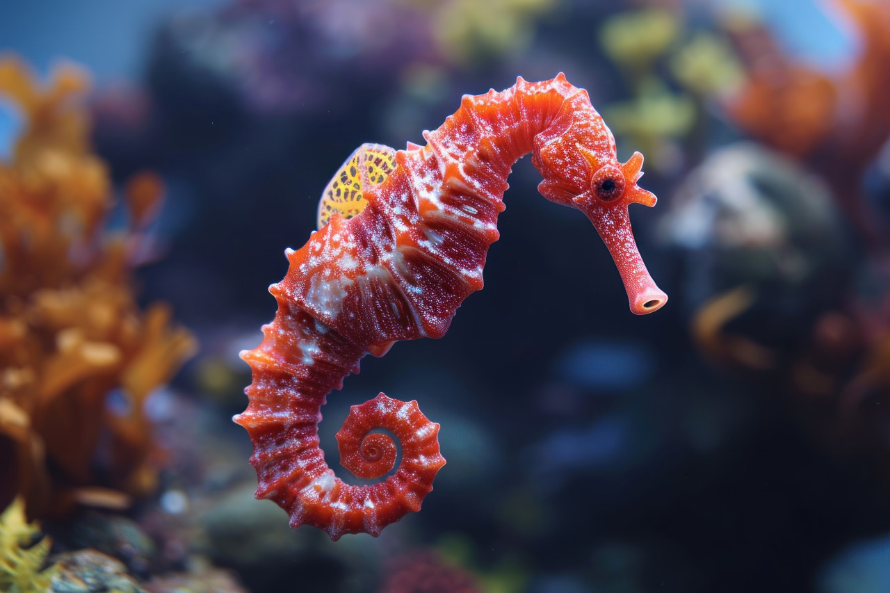 Red seahorse gracefully swimming in deep water habitat showcasing its vibrant color and unique underwater beauty, underwater marine life photo
