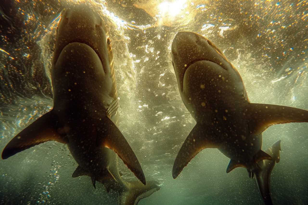 Two sharks swim with sunlit eyes in the ocean, underwater marine life picture