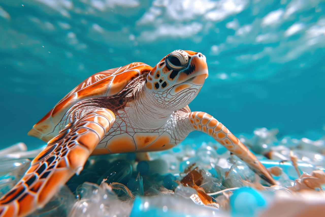 Turtle navigating through plastic filled ocean depths with serene blue water, underwater marine life image