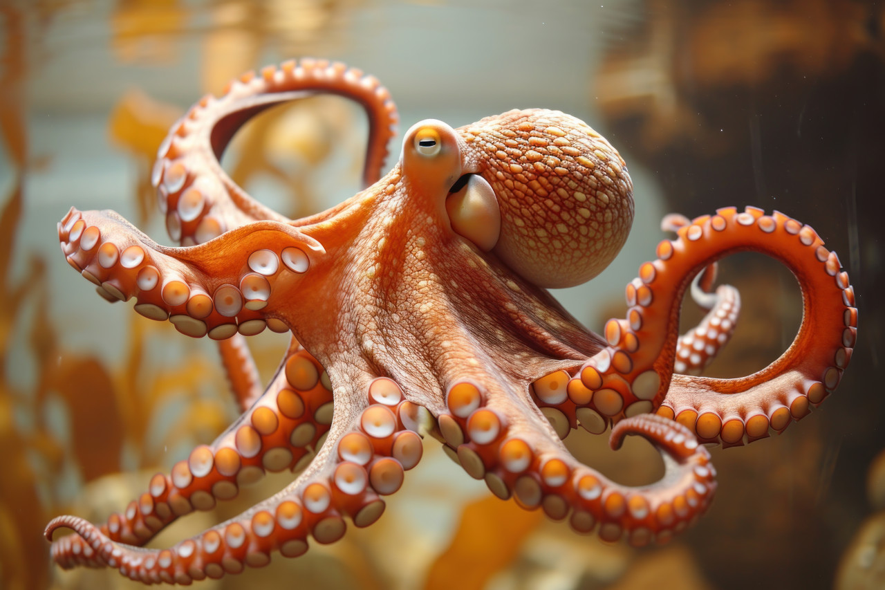 Octopus swimming in clear tank water, underwater marine life picture