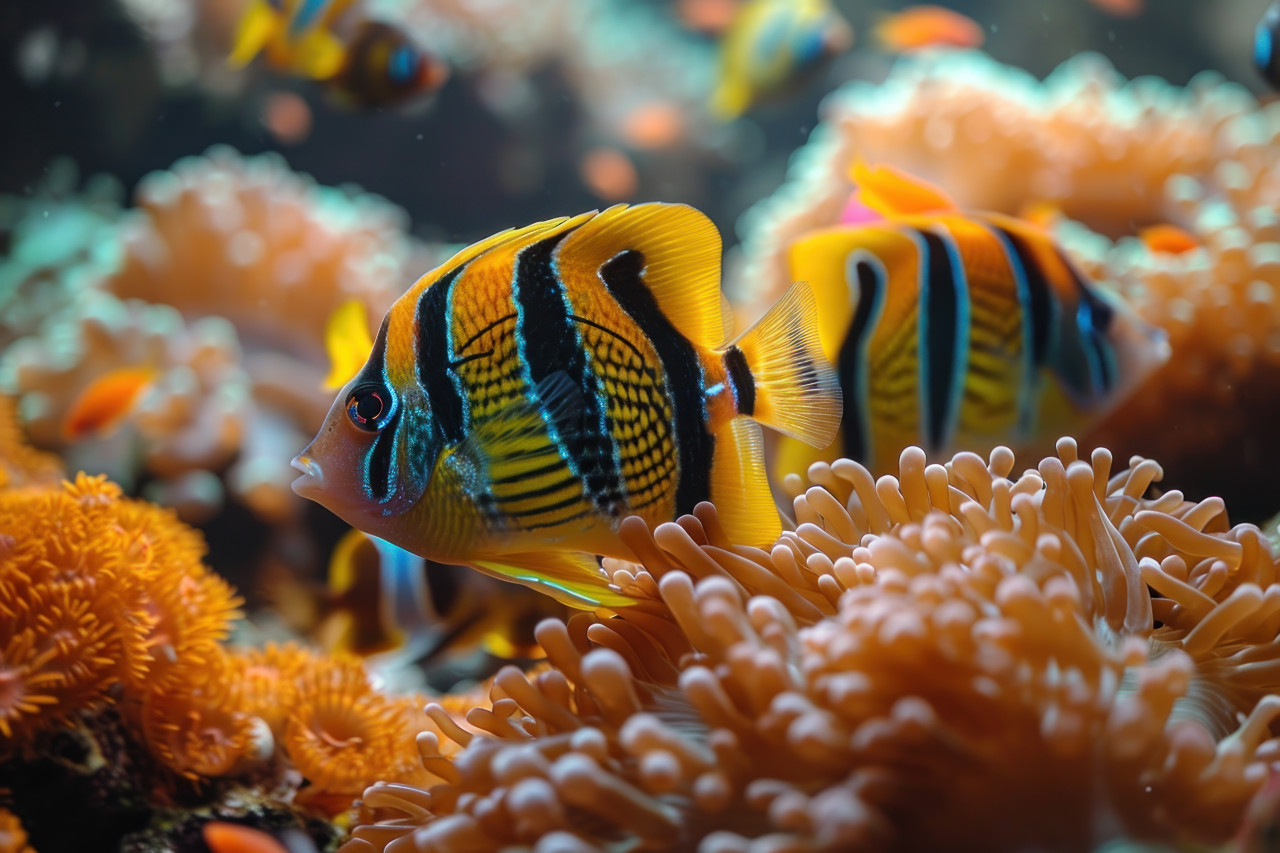Colorful coral and fish swim in harmony creating a vibrant underwater scene full of life and beauty, underwater marine life image