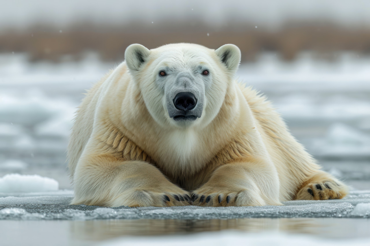 Polar bear rests on ice peacefully enjoying the arctic solitude showcasing the majestic beauty of the frozen wilderness, bears and arctic wildlife concept