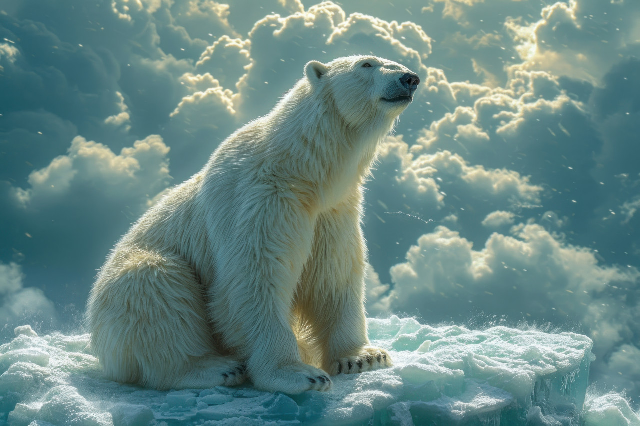 Polar bear lies on icy surface resting under the arctic sun showcasing the beauty of wildlife in its natural habitat, bears and arctic wildlife concept