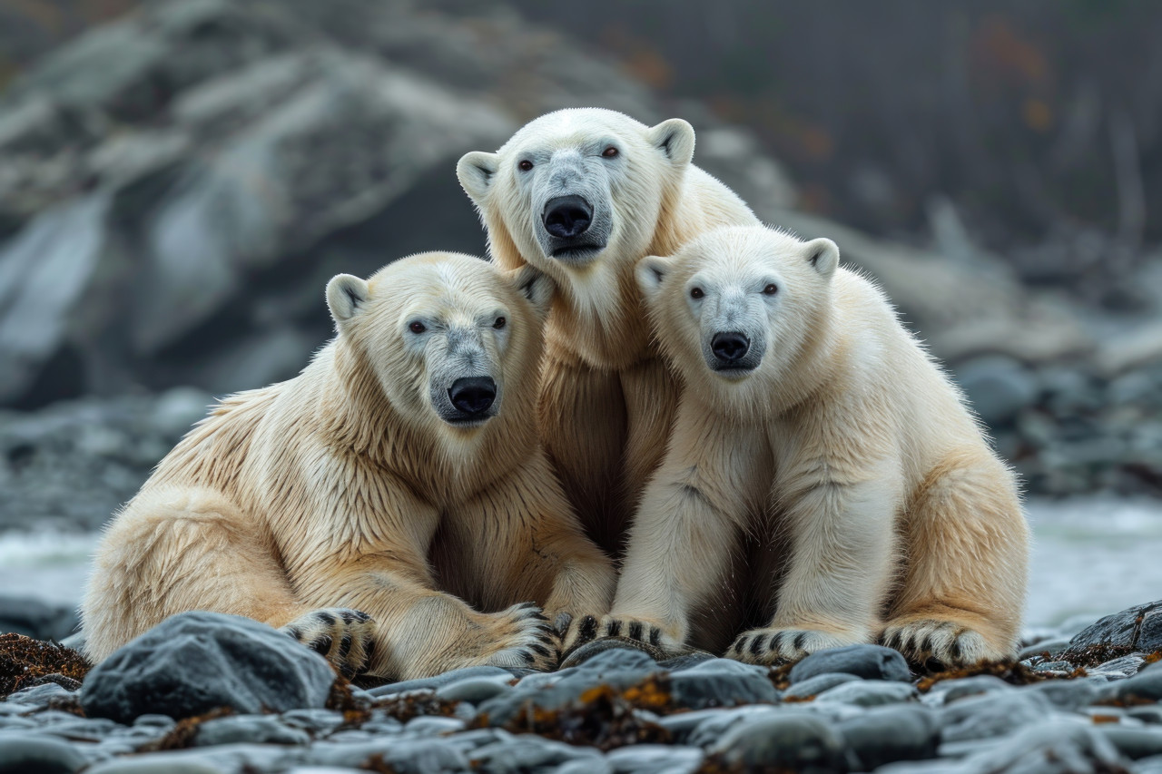 Three polar bears sitting together on rocky shore enjoying a peaceful moment in their icy habitat, bears and arctic wildlife photo