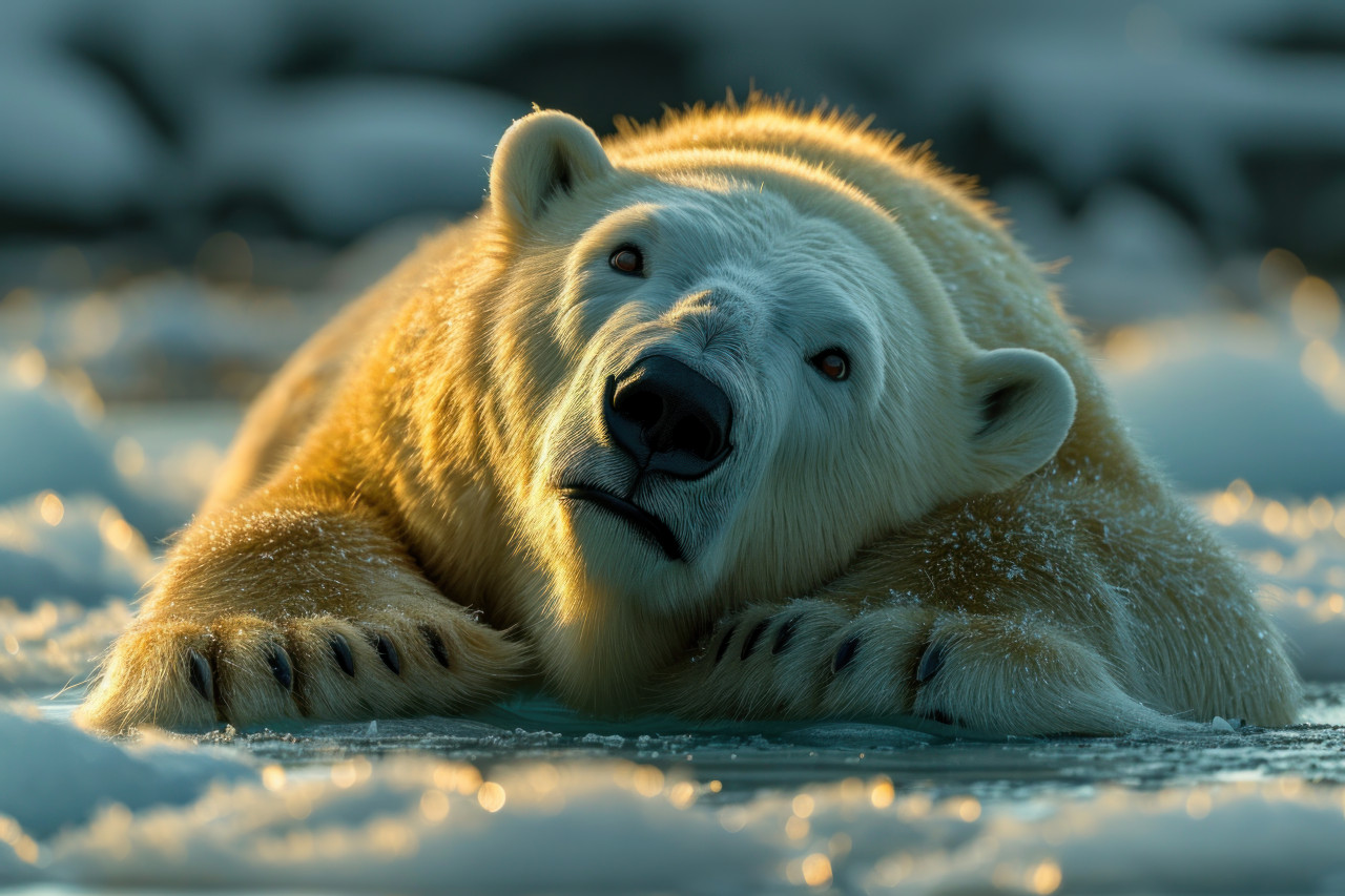 Polar bear lying down on ice enjoying a peaceful moment in its natural habitat, bears and arctic wildlife image