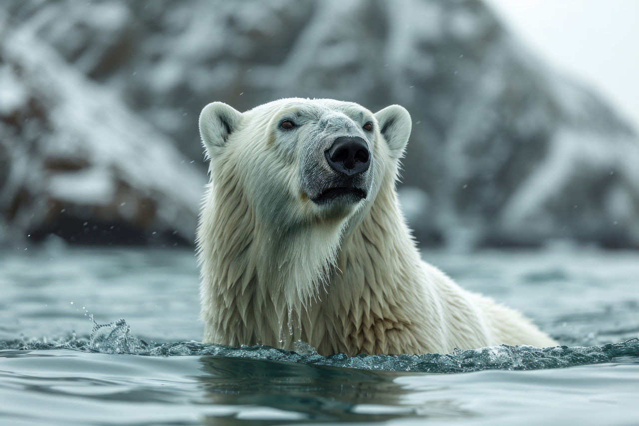 Polar bear in water gazes at mountain in the backdrop, bears and arctic wildlife concept