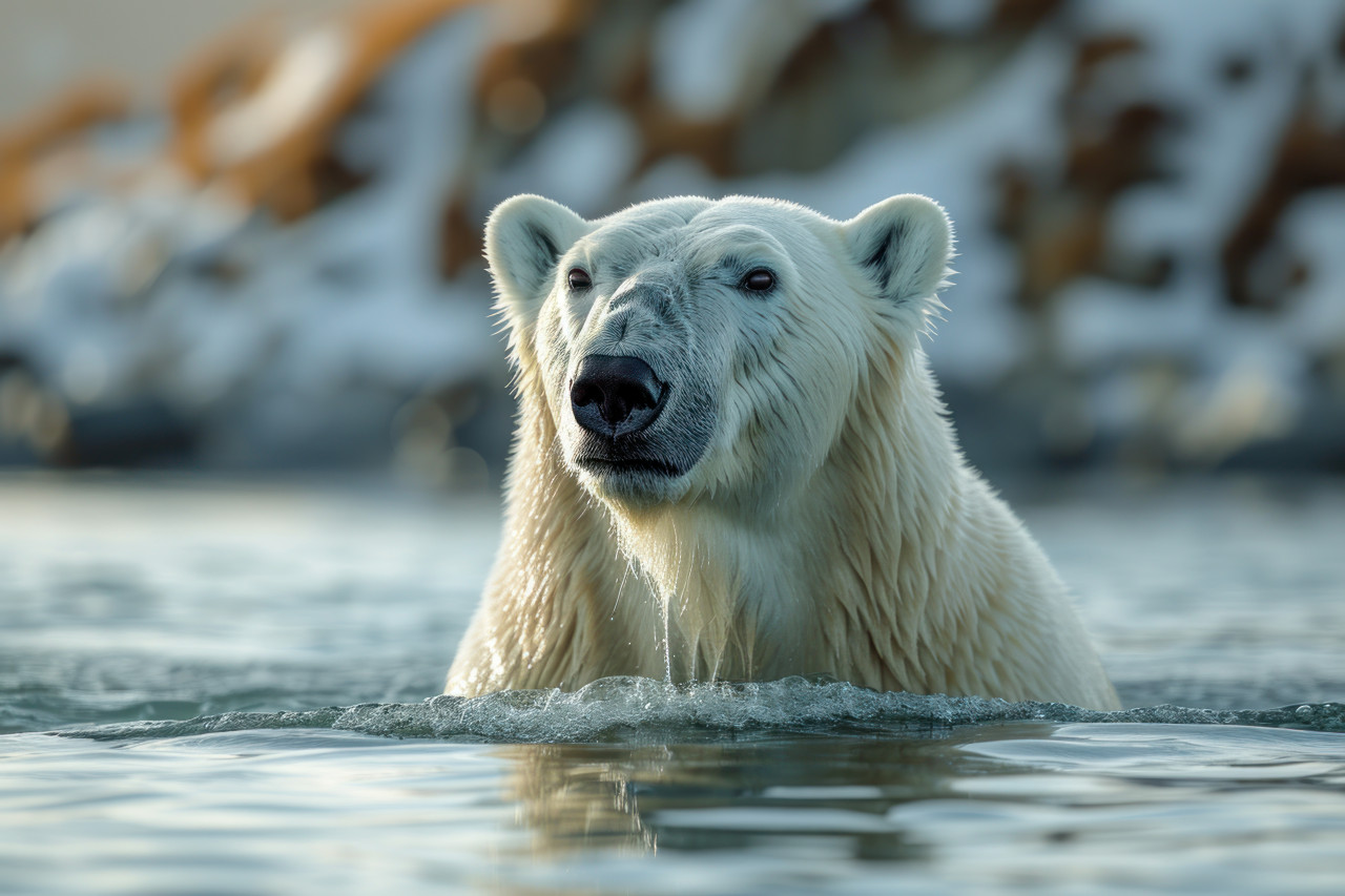 Polar bear in water gazes at distant mountain creating a serene and breathtaking arctic scene, bears and arctic wildlife photo