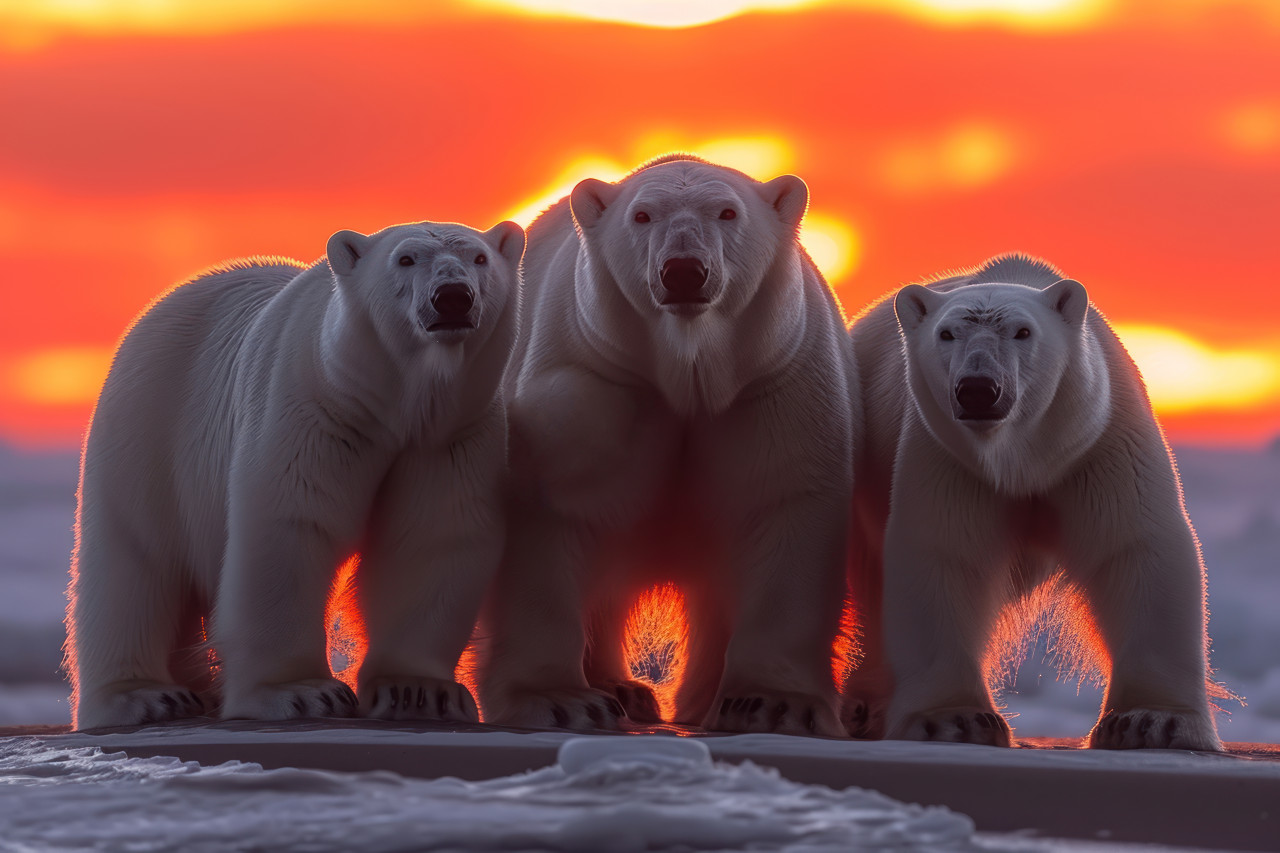 Three polar bears standing together enjoying the sunset in the arctic, bears and arctic wildlife image