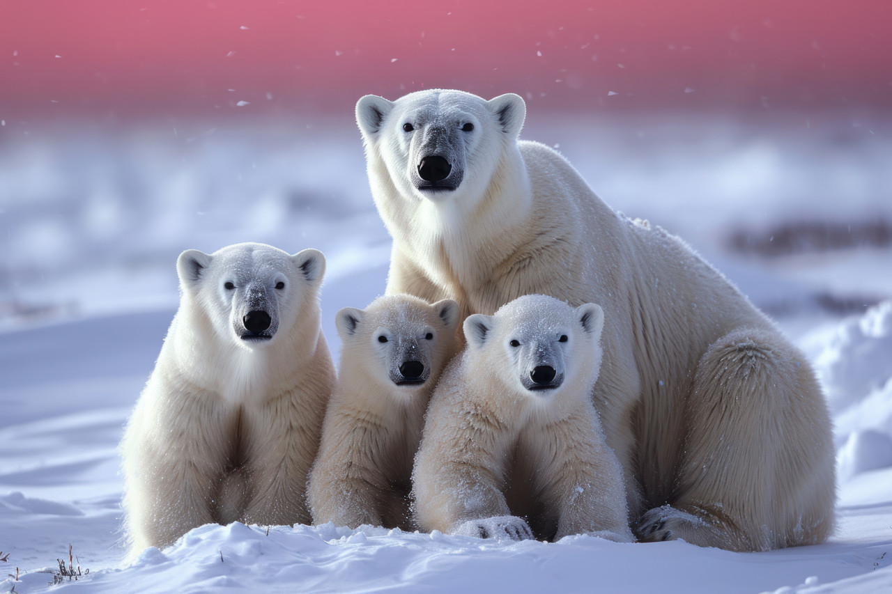 Three polar bears a family sitting together in the snow showcasing the beauty and unity of the polar bear family in their icy habitat,