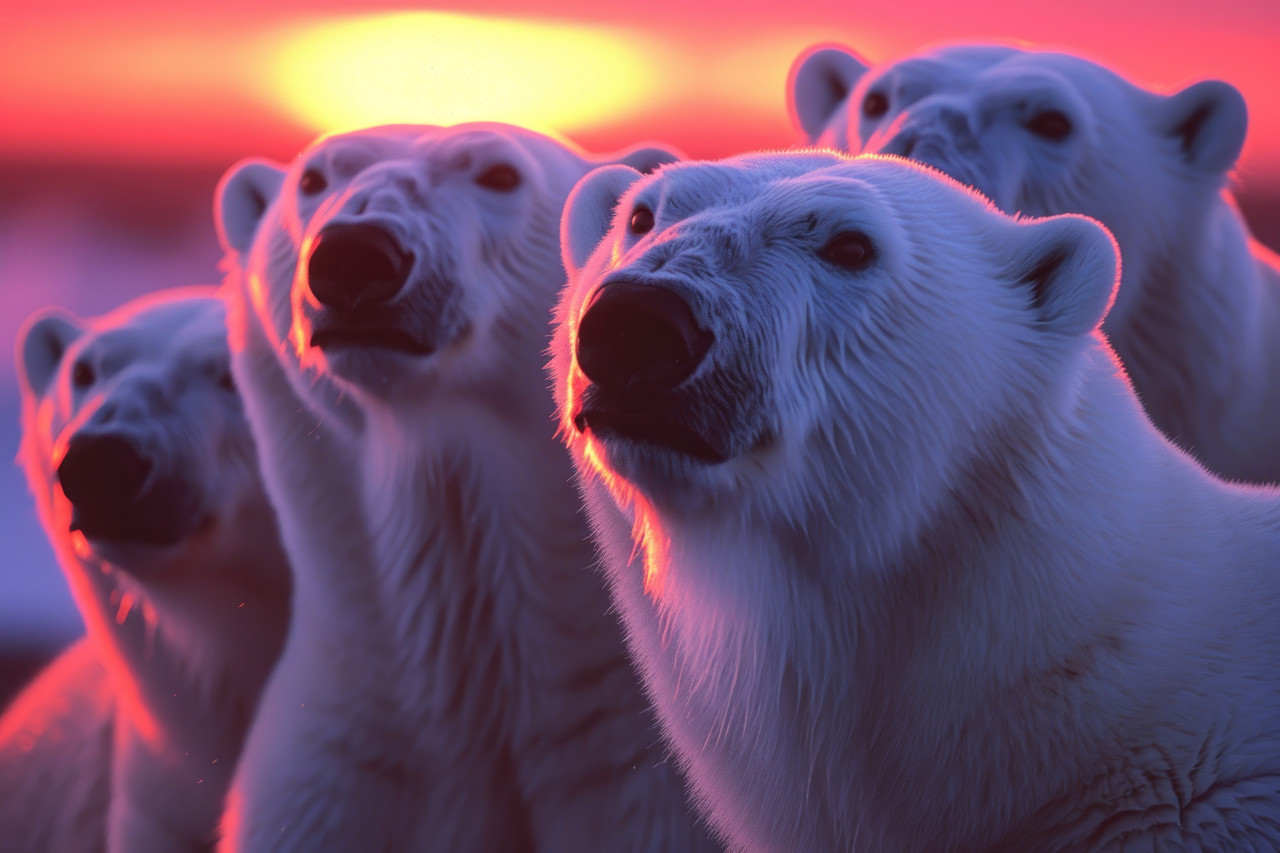 Three polar bears stand together as the sun sets creating a mesmerizing scene of unity in the arctic wilderness, bears and arctic wildlife picture