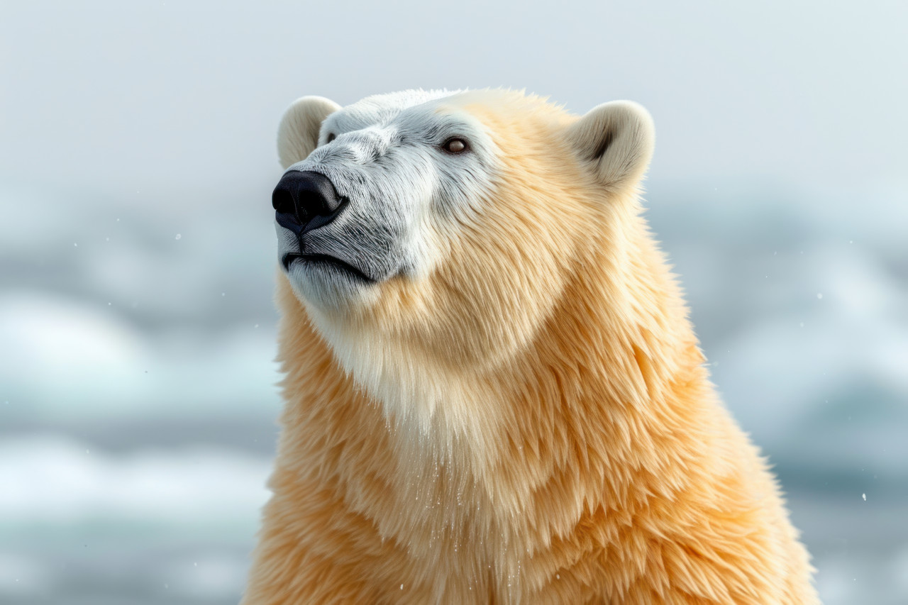 White polar bear against a white background showcasing its majestic presence, bears and arctic wildlife picture