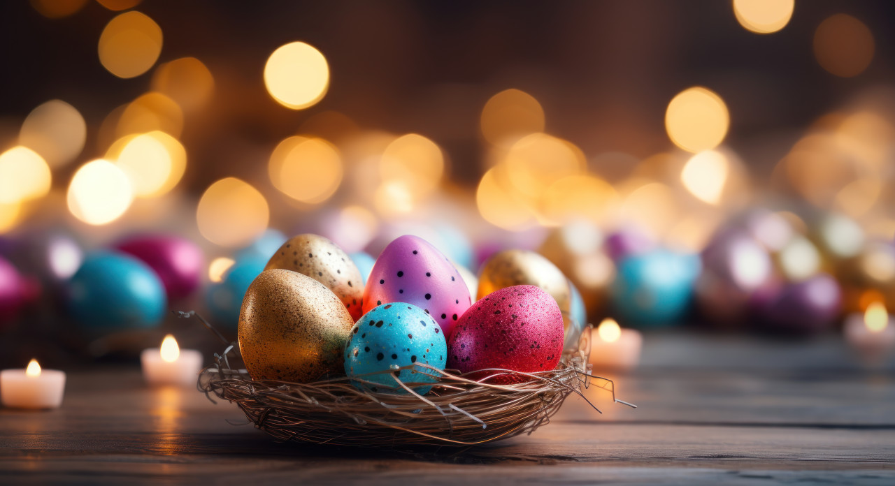 Easter eggs stand in a nest with a candle on the wooden floor, easter traditions concept
