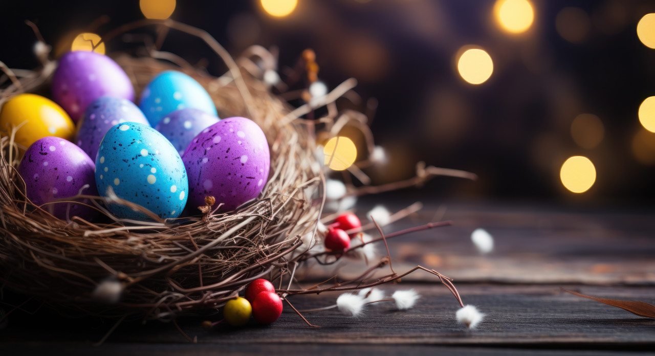 Colorful easter eggs placed in a bird nest atop a wooden table, easter traditions concept