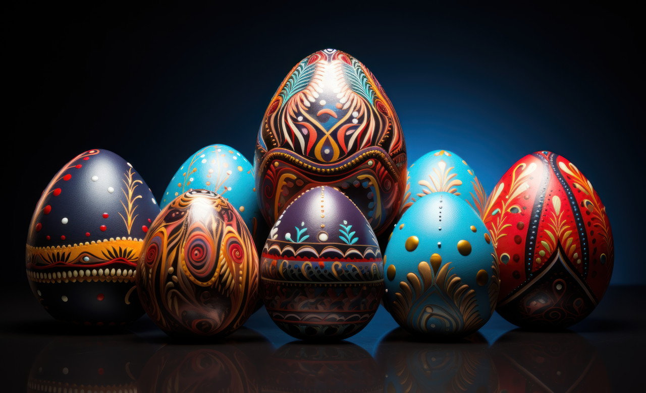 Vibrant easter eggs in various bright colors, easter eggs concept