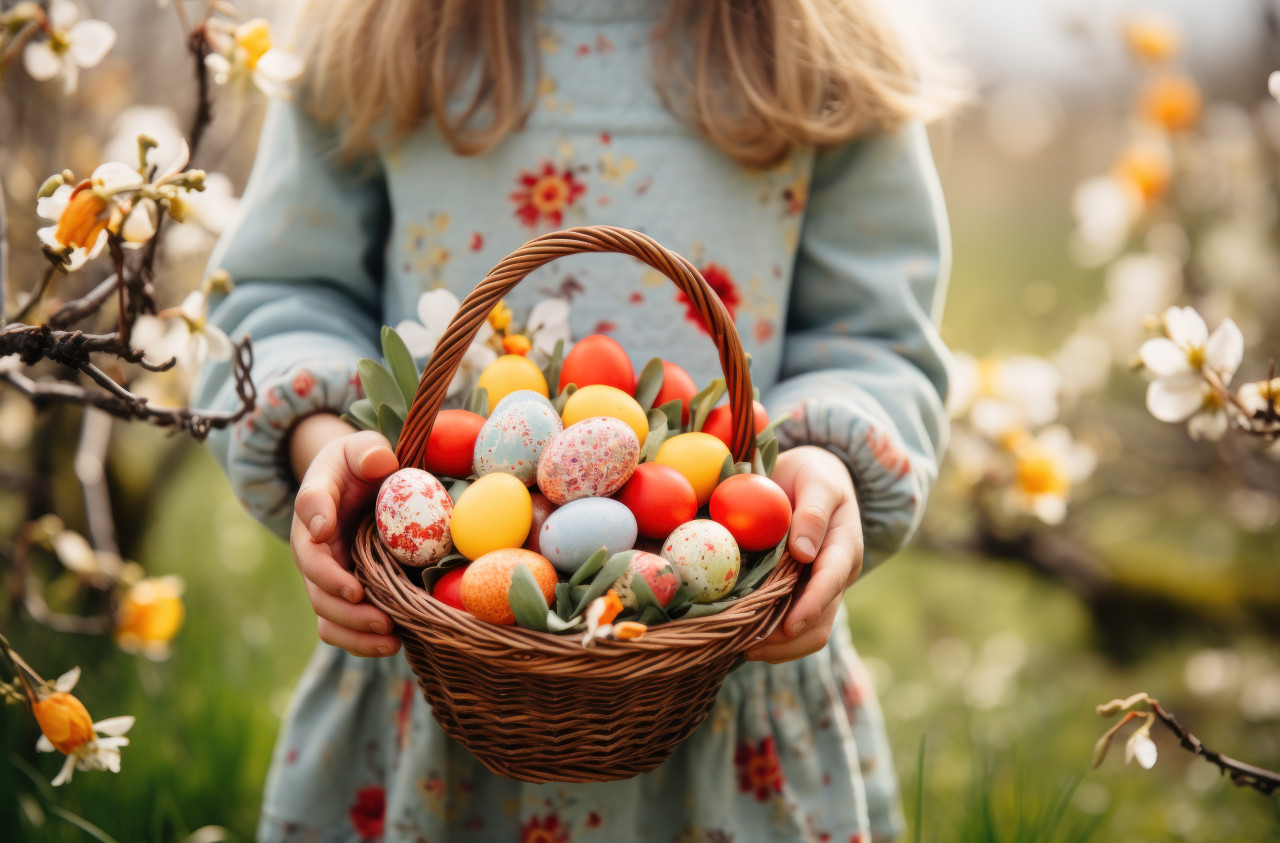Smiling kid with a basket full of vibrant easter eggs, easter egg hunt concept
