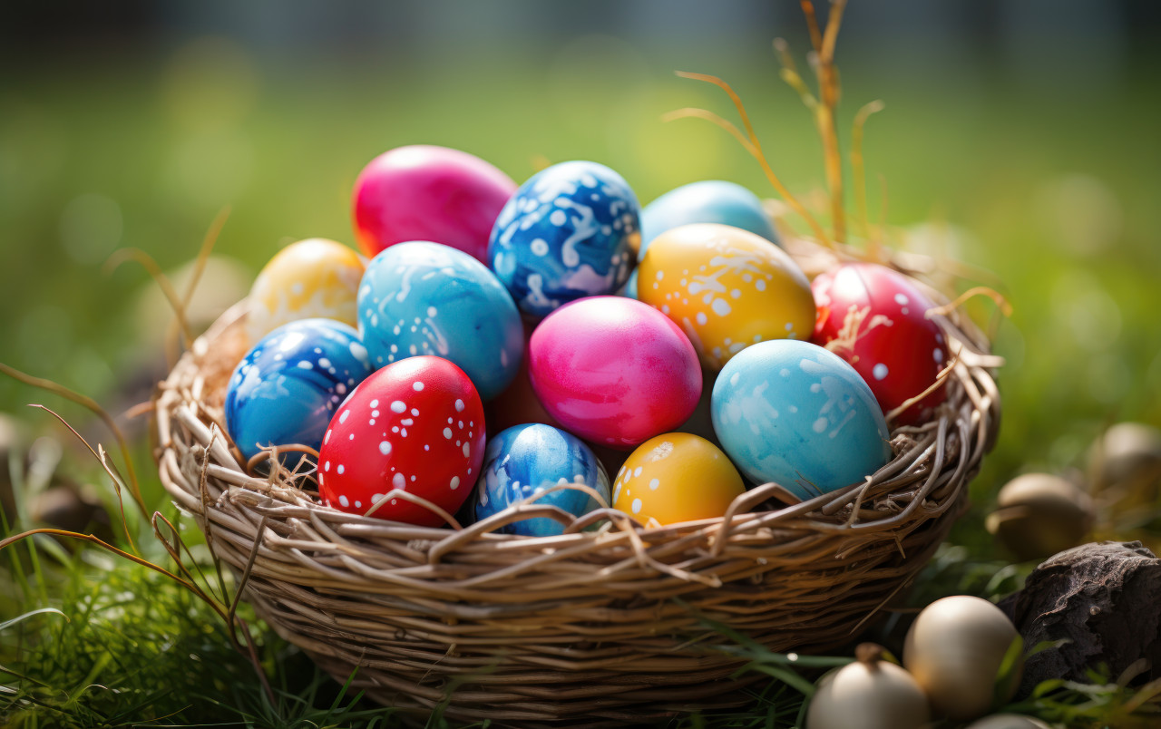 Vibrant easter eggs in a basket on grass festive and cheerful for an egg hunt celebration, easter egg hunt image
