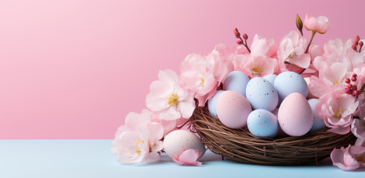 Basket filled with colorful easter eggs on a pink backdrop, easter baskets photo