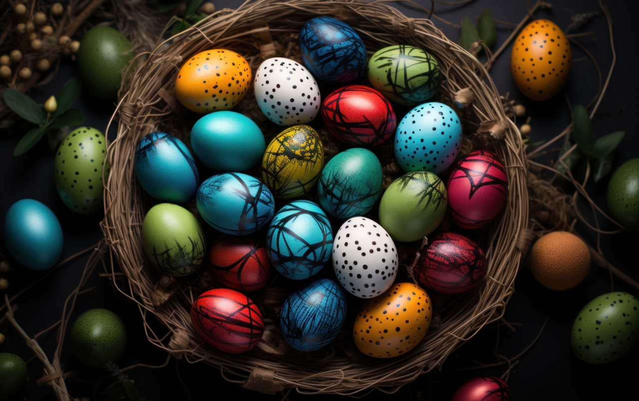 Colorful easter eggs in a basket on grass, easter egg hunt picture