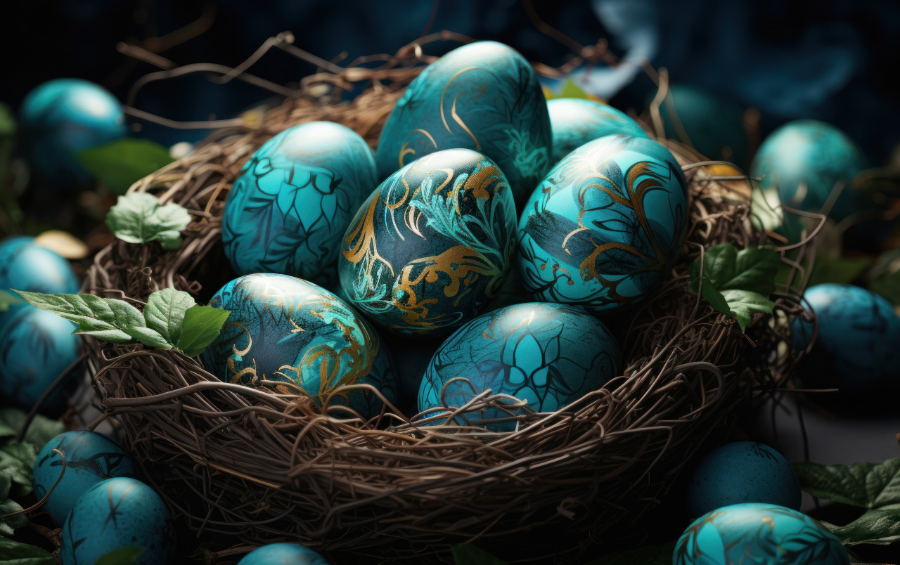 Vibrant easter eggs arranged in a basket on green grass, easter egg hunt concept