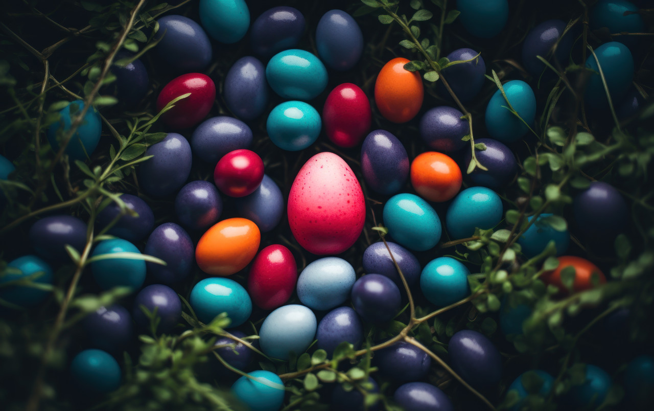 Colorful easter eggs placed at the grass covered with more egg, easter egg hunt image