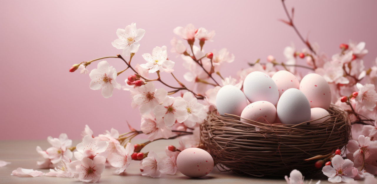 Easter eggs in a basket,encircled by pink blossoms, easter baskets concept