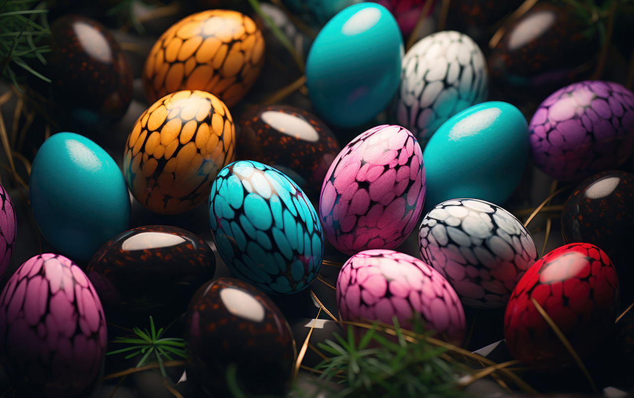 Colorful easter eggs placed at the end of grass, easter egg hunt concept