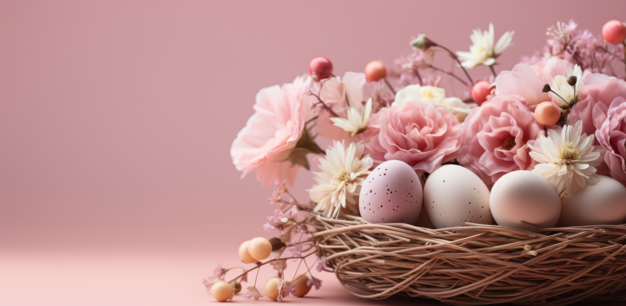 Colorful easter eggs in a basket on a pink background, easter baskets concept