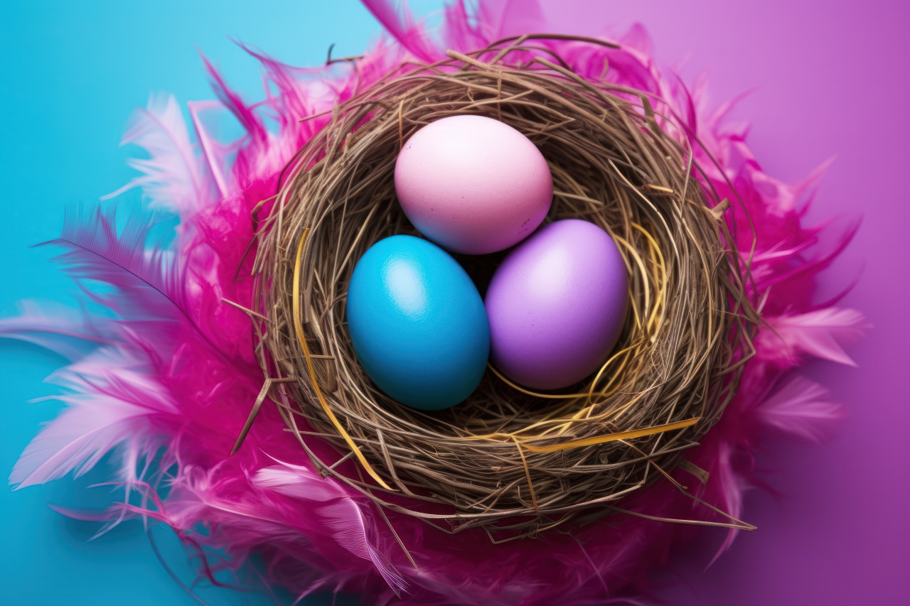 An artistically painted easter egg nestles in a cozy animal nest on a colorful backdrop, easter baskets photo