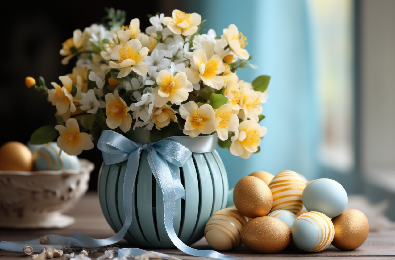 Joyful easter basket adorned with colorful eggs, easter decorations concept