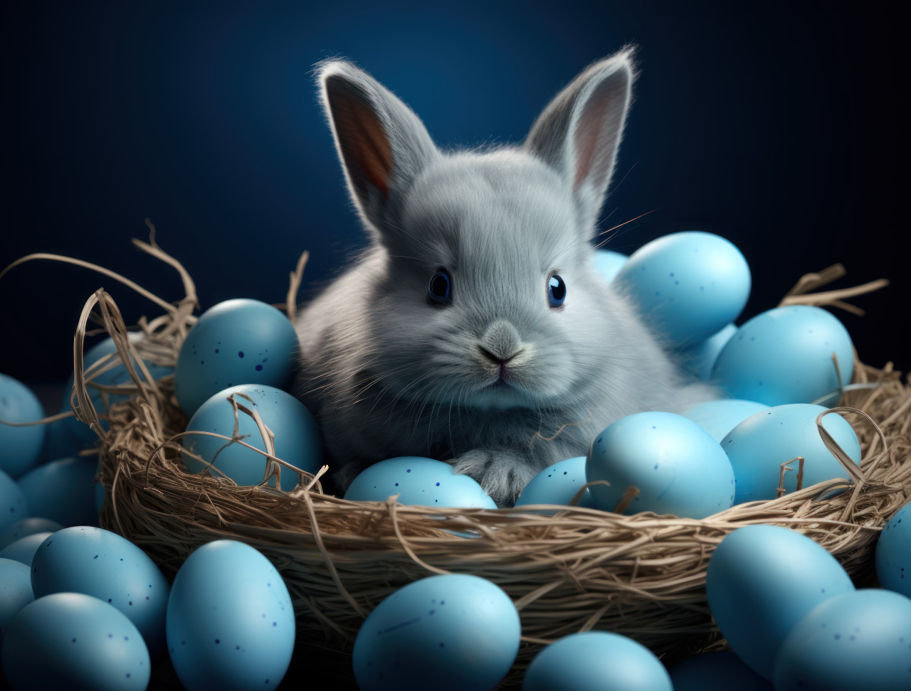 Adorable bunny in a basket surrounded by blue eggs, easter bunny concept