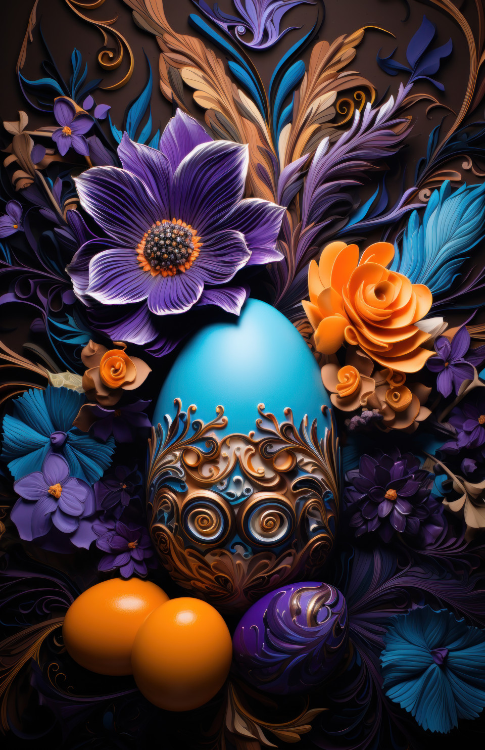 A vase adorned with an easter egg and vibrant purple flowers, easter decorations concept
