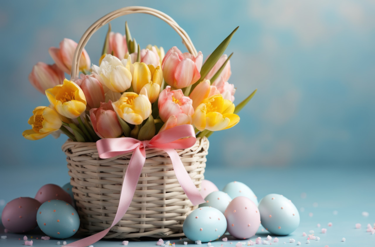 Festive easter basket with presents and cheerful yellow tulips, easter decorations photo